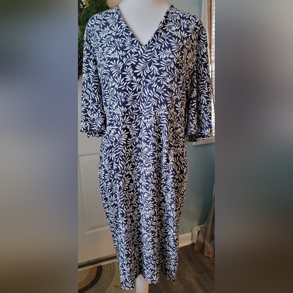 Boden Ines Sheath Midi Dress Womens 14 Navy White Leaf Print Short Kimono Sleeve